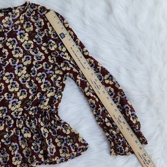 Madewell -565 Drawstring Ruffle-Hem Top Blouse in Viola Floral Burgundy Medium - Picture 9 of 10